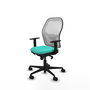 Silla de oficina Jorquera con mecanismo Sincro tapizada con Similpiel color Turquesa y malla color Blanco. Equipada con lumbar 1D, Brazos 1D y Ruedas 65mm nailon