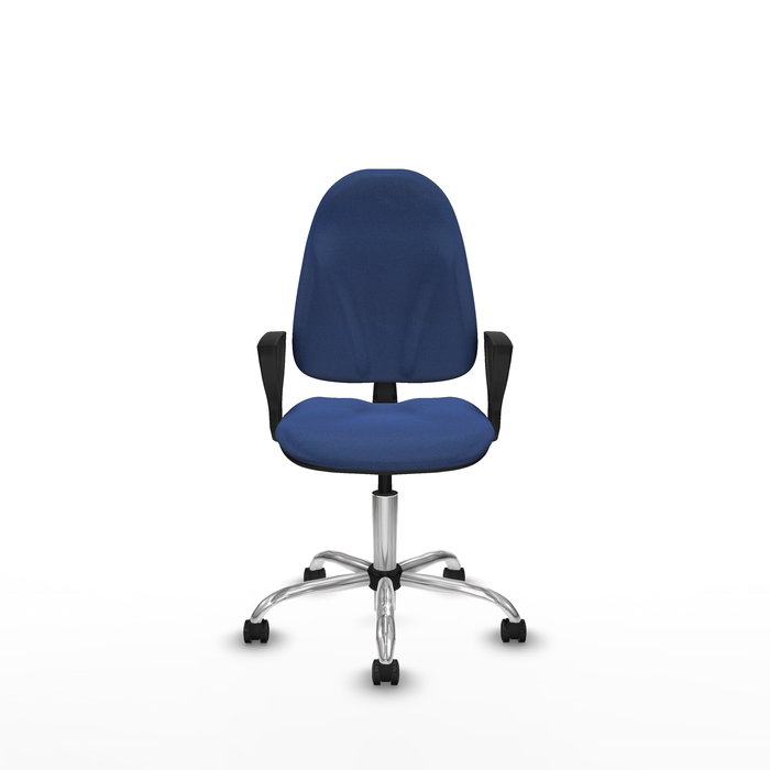 Silla de oficina Algarra con mecanismo Contacto permanente básico tapizada con Tela color Azul marino. Equipada con Base cromada, Brazos fijos y Ruedas de parqué