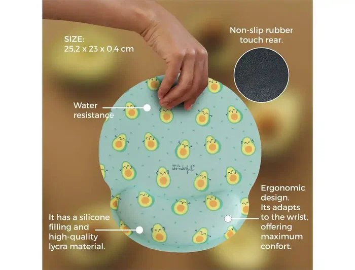 Wondee Alfombrilla de Ratón Ergonómica de Gel con Reposamuñecas, Diseño Aguacates, Antideslizante, Impermeable, 250x230 mm