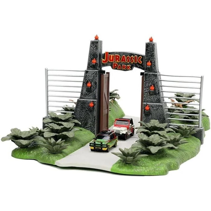 JADA TOYS Escenario Mini Jurassic World con 2 Vehículos de Metal y 3 Dinosaurios