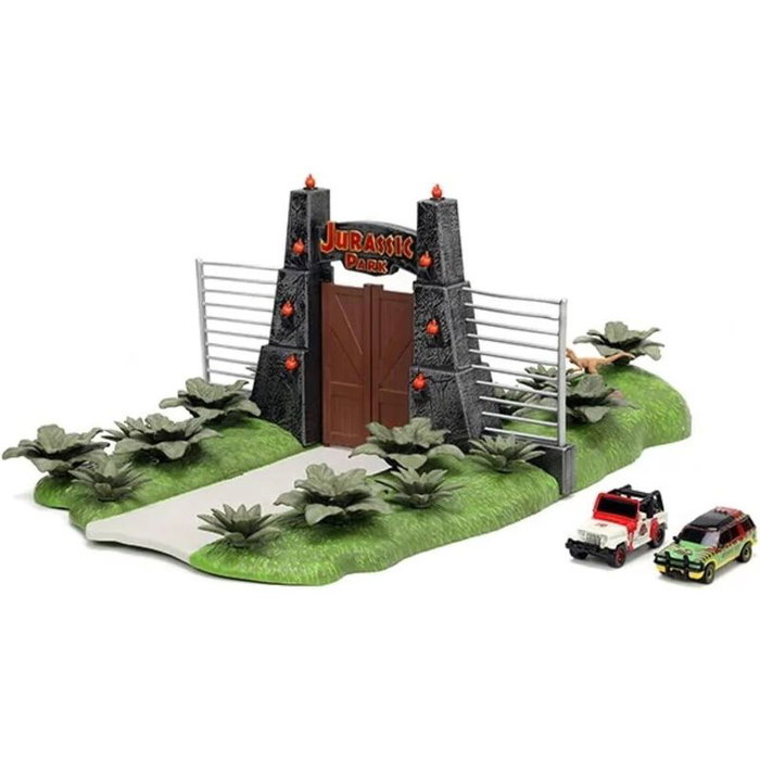 JADA TOYS Escenario Mini Jurassic World con 2 Vehículos de Metal y 3 Dinosaurios