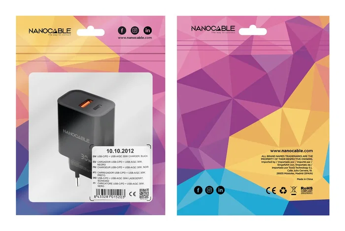 Nanocable Cargador de Pared USB-C PD + USB-A QC 30W Negro