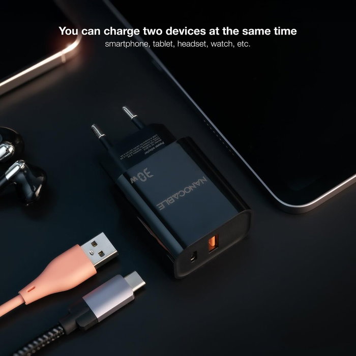 Nanocable Cargador de Pared 30W USB-C PD + USB-A QC Negro