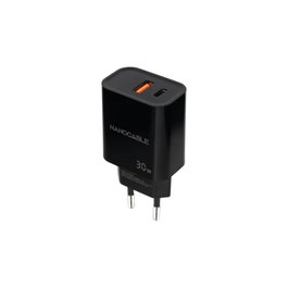 Nanocable Cargador de Pared 30W USB-C PD + USB-A QC Negro