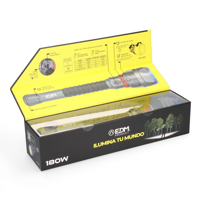 Edm Linterna LED de Largo Alcance 18000 lm 180w Hasta 20h Autonomía IP67 Aluminio Power Bank