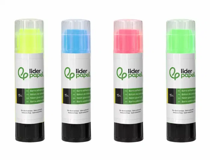 Liderpapel - Pegamento en Barra Trazo Mágico 15 g, Colores Neón Surtidos (Celeste, Amarillo, Rosa, Verde), Secado Rápido, Uso Escolar y Oficina