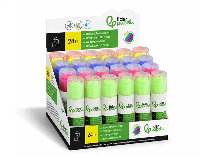 Liderpapel - Pegamento en Barra Trazo Mágico 15 g, Colores Neón Surtidos (Celeste, Amarillo, Rosa, Verde), Secado Rápido, Uso Escolar y Oficina