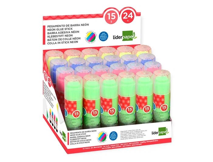 Liderpapel - Pegamento en Barra Trazo Mágico 15 g, Colores Neón Surtidos (Celeste, Amarillo, Rosa, Verde), Secado Rápido, Uso Escolar y Oficina