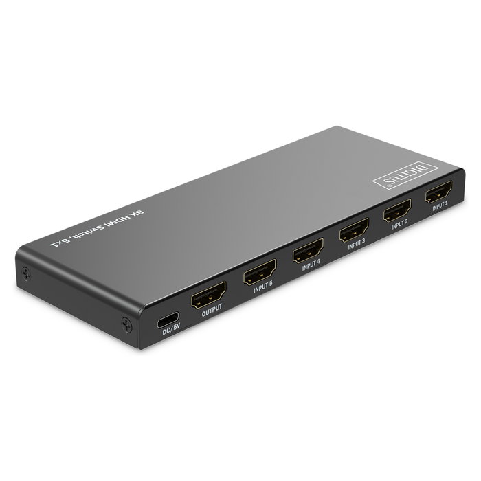 Digitus Conmutador HDMI 5x1 8K/60Hz HDR, 48 Gbit/s, HDCP 2.3, Negro, Control Remoto y Cable USB-C Incluido