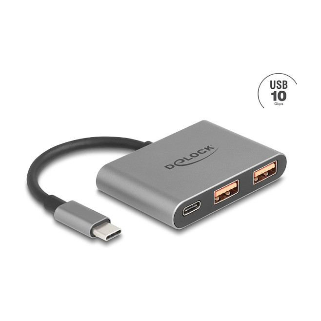 DELOCK Hub USB 3.2 Gen 2 (10 Gbps) 3 Puertos - 1x Tipo-C + 2x Tipo-A, 64337 - Cable Corto de 0.1m, Metal Gris, Plug & Play para Windows, macOS, Linux