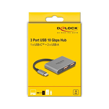 DELOCK Hub USB 3.2 Gen 2 (10 Gbps) 3 Puertos - 1x Tipo-C + 2x Tipo-A, 64337 - Cable Corto de 0.1m, Metal Gris, Plug & Play para Windows, macOS, Linux