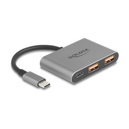 DELOCK Hub USB 3.2 Gen 2 (10 Gbps) 3 Puertos - 1x Tipo-C + 2x Tipo-A, 64337 - Cable Corto de 0.1m, Metal Gris, Plug & Play para Windows, macOS, Linux