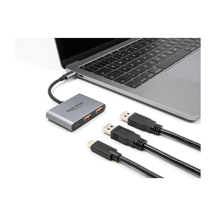 DELOCK Hub USB 3.2 Gen 2 (10 Gbps) 3 Puertos - 1x Tipo-C + 2x Tipo-A, 64337 - Cable Corto de 0.1m, Metal Gris, Plug & Play para Windows, macOS, Linux
