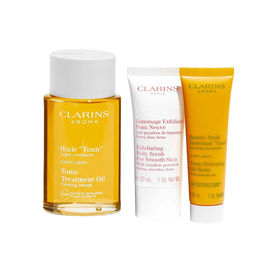 Set Clarins: Tonic, Firming, Body Oil, 100 ml + Clarins, Exfoliating, Body Scrub, 30 ml + Tonic, Organic, Hydrating, Body Balm, Body, 30 ml + Clarins, GWP Textile Pouch, Red