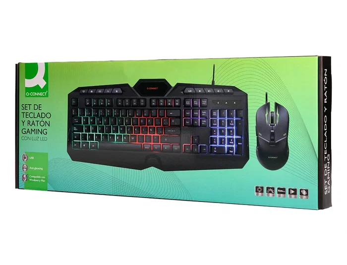 Q-connect Set Teclado y Ratón con Cable, Iluminación LED, Color Negro