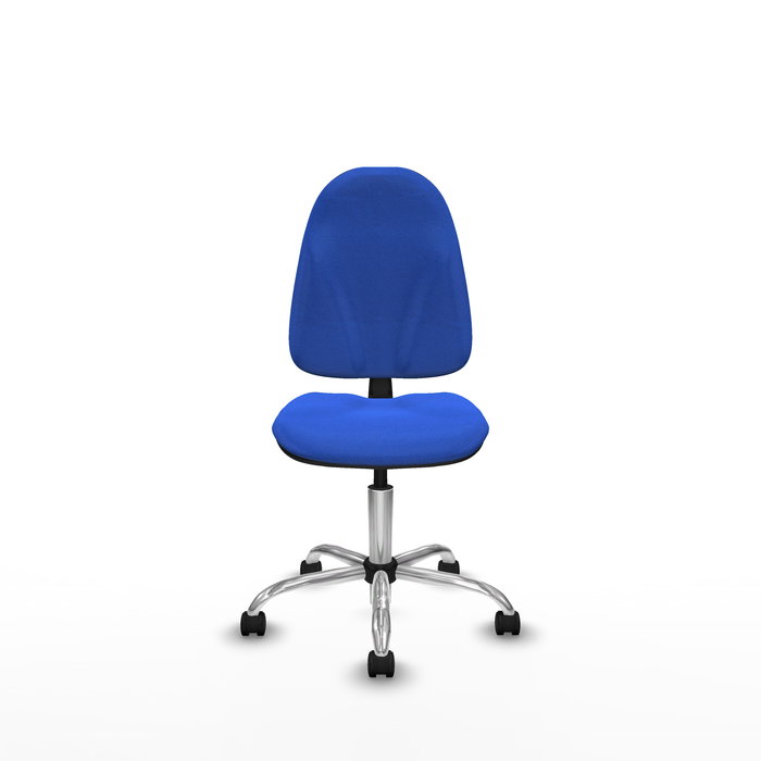 Silla de oficina Algarra con mecanismo Contacto permanente básico tapizada con Tela color Azul. Equipada con Base cromada, Sin brazos y Ruedas de nailon 50 mm