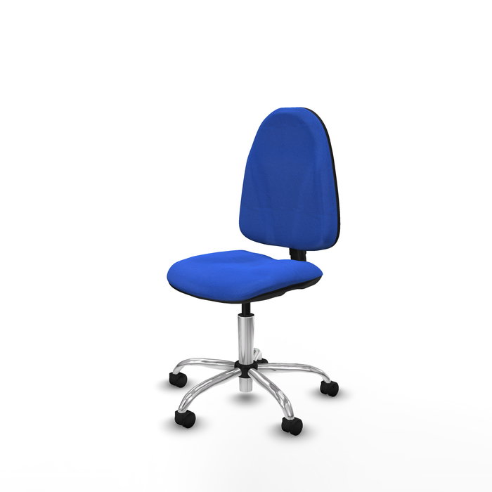 Silla de oficina Algarra con mecanismo Contacto permanente básico tapizada con Tela color Azul. Equipada con Base cromada, Sin brazos y Ruedas de nailon 50 mm