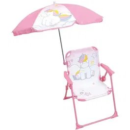 Fun House Silla Plegable de Camping para Niños Unicornio con Sombrilla - H.38.5 x W.38.5 x D.37.5 cm + Sombrilla Ø 65 cm