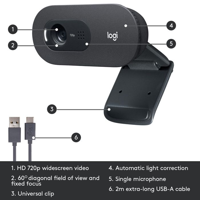 Logitech C505 Webcam HD 720p/30fps con Micrófono Omnidireccional, Campo de Visión 60°, Clip Universal y Cable USB Largo - Videollamadas Nítidas