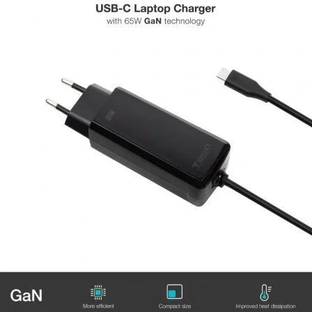 Tooq Cargador GaN USB-C 65W TQLC-USBCGAN65PD-C para Portátil, Automático 5-20V, Negro, 1.8m Cable