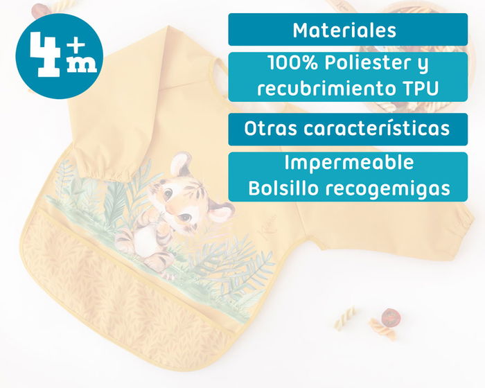 KioKids Babero Impermeable con Mangas Tigre Mostaza Colección Little Sauvages +4 Meses