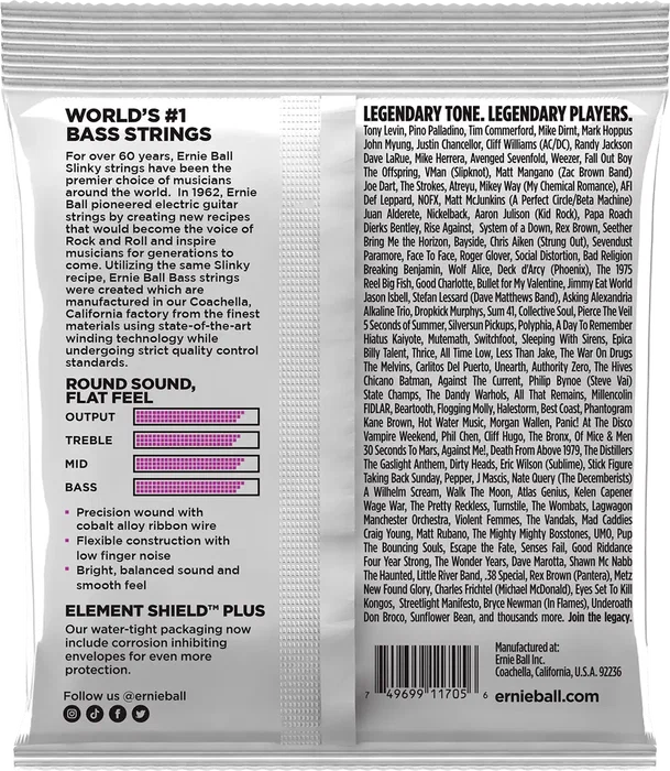 Ernieball Juego Bajo Eléctrico Entorchado Plano Slinky Power Short Scale 55-110