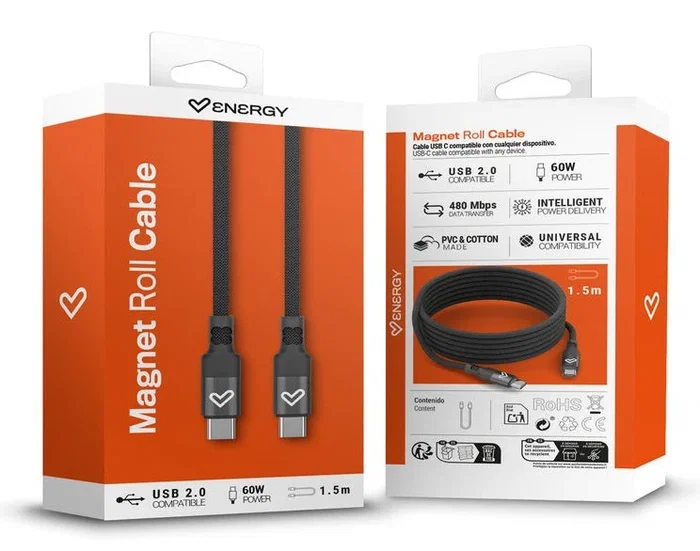 Energy Sistem Magnet Roll Cable USB-C 2.0 1,5 m 60W Negro Energy Sistem Magnet Roll Cable USB-C 2.0 1,5 m 60W Negro