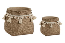 DKD Home Decor Set de 2 Maceteros de Cemento con Pompones Marrón Claro
