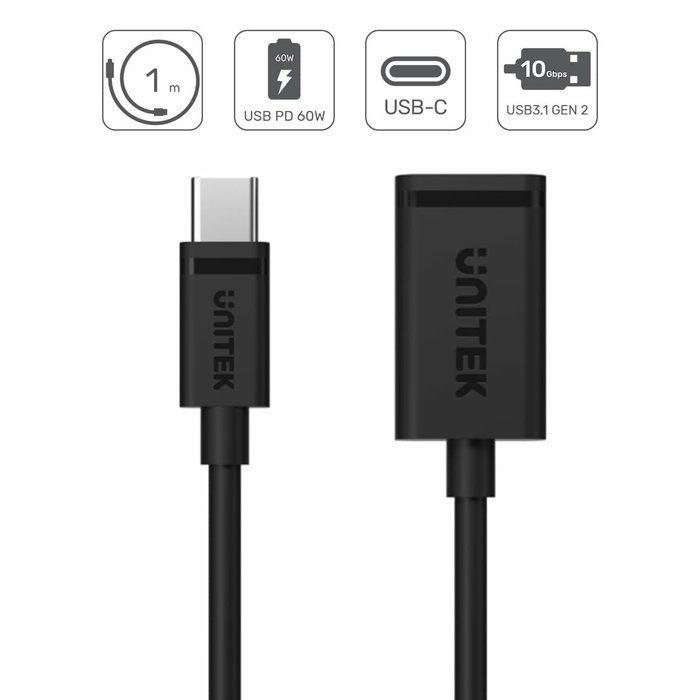 Unitek Adaptador USB-C (M) a USB-A (F) 10Gbps 60W con cable de 1m Unitek Adaptador USB-C (M) a USB-A (F) 10Gbps 60W con cable de 1m