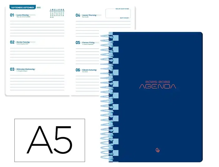 Liderpapel 25-2 6 Agenda Escolar 2025-2026 Semana Vista A5 Bilingüe Papel FSC 70gr Classic Azul Oscuro Espiral Liderpapel 25-2 6 Agenda Escolar 2025-2026 Semana Vista A5 Bilingüe Papel FSC 70gr Classic Azul Oscuro Espiral