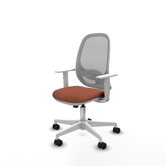 Silla de oficina Cilanco con mecanismo Sincro tapizada con Tela color Marrón y malla color Gris. Equipada con lumbar 1D, Reposabrazos blancos y Ruedas 65mm nailon Silla de oficina Cilanco con mecanismo Sincro tapizada con Tela color Marrón y malla color Gris. Equipada con lumbar 1D, Reposabrazos blancos y Ruedas 65mm nailon