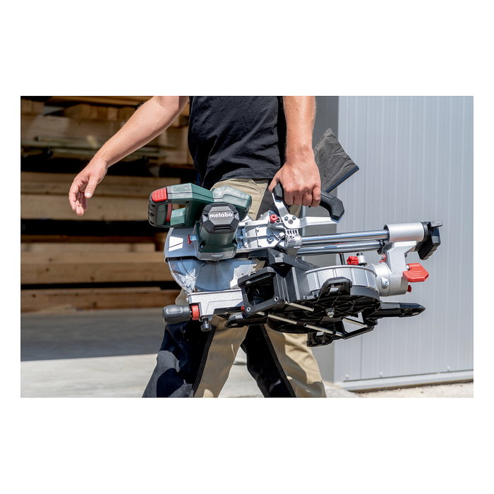 Metabo KGS 18 LTX BL 254 Sierra de inglete con carriles deslizantes, bisel unico, 4000 RPM, corte 215 x 47 mm, 18V con 2 baterias de 5.2Ah 10.4Ah total