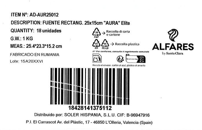 Alfares Fuente Rectangular AURA Elite 25x15cm