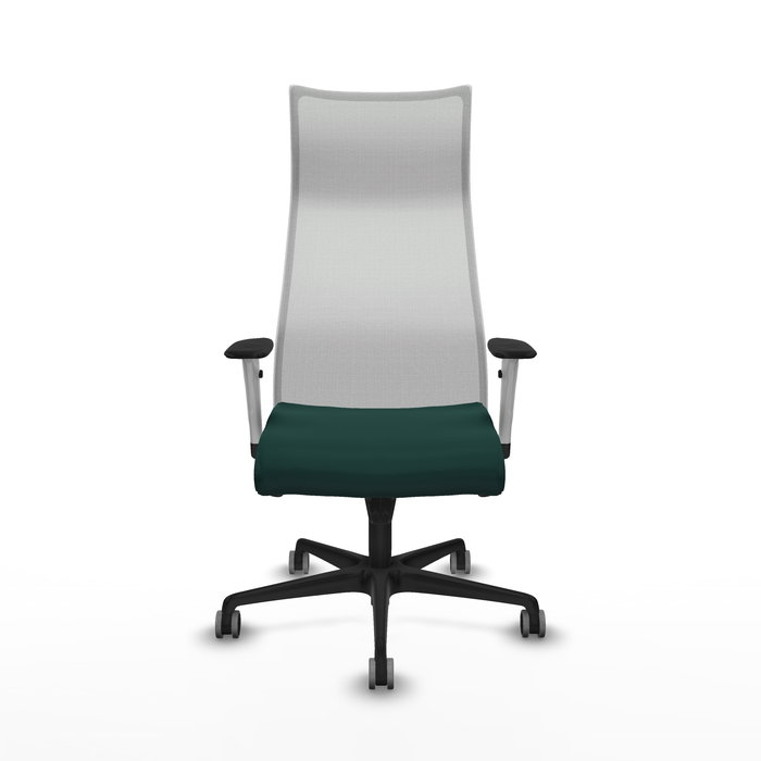 Sillón Albacete con mecanismo Sincro tapizada con Similpiel color Verde botella y malla color Blanco. Equipado con Base nailon negra, Brazos 1D y Ruedas 65 mm parqué