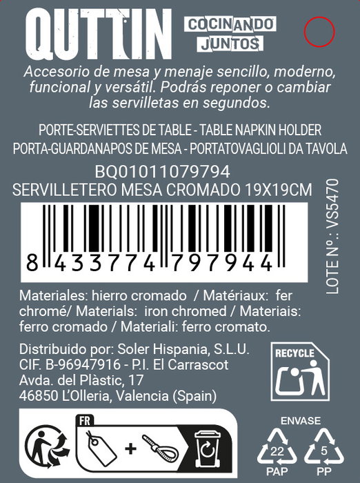 Inde Servilletero Mesa Cromado 19 x 19 cm Quttin (24 Unidades) Inde Servilletero Mesa Cromado 19 x 19 cm Quttin (24 Unidades)