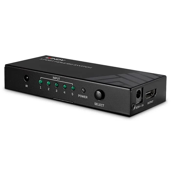 Lindy 38233 Conmutador HDMI Switch 5x1, 5 Puertos de Entrada, HDMI 2.0, 18 Gbit/s, 4K Ultra HD a 60Hz, HDCP 2.2, Metal Negro, con Mando a Distancia RF