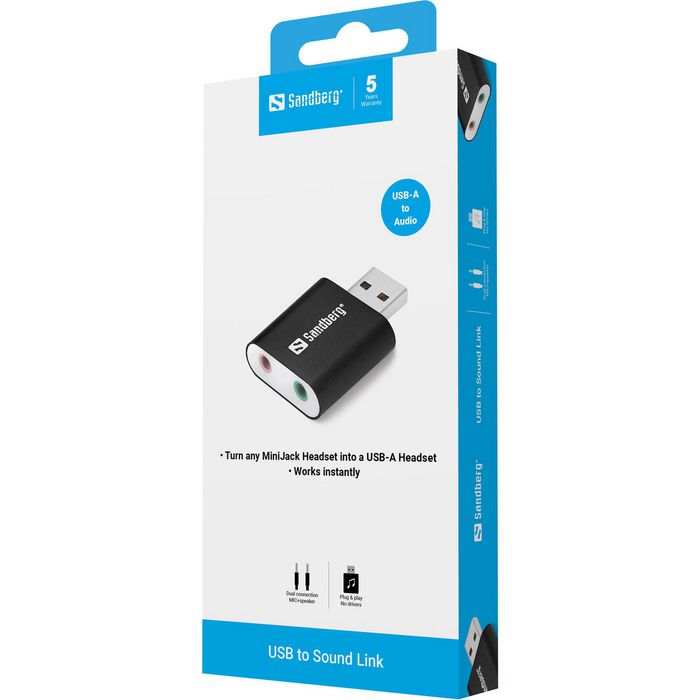 Sandberg USB to Sound Link Adaptador de Audio USB a Minijack 3.5 mm para Auriculares, Micrófono y Altavoces
