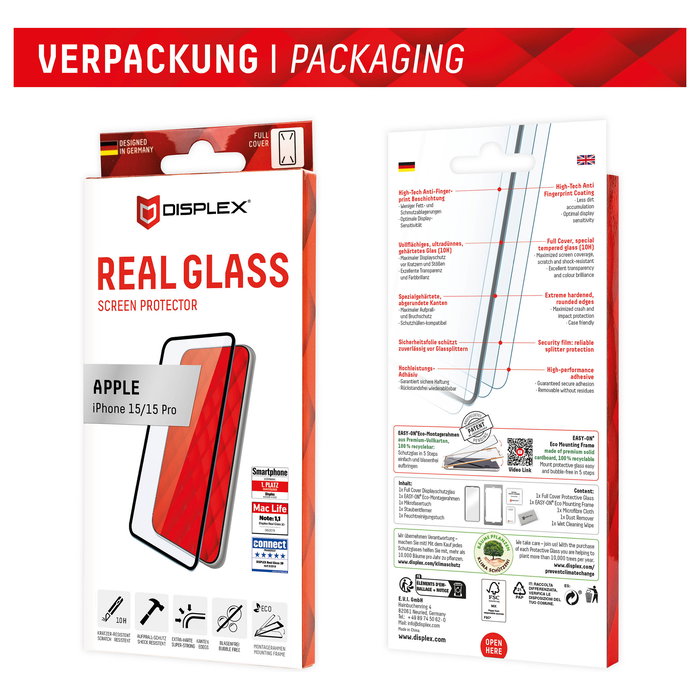 Displex Protector Pantalla iPhone 15 y 15 Pro Full Cover de Vidrio Templado 10H Transparente, Antirayones e Impactos, Incluye Kit Instalación - Ref 01842