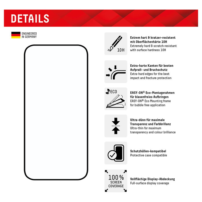 Displex Protector de pantalla Full Cover para iPhone 15/15 Pro, Vidrio Templado