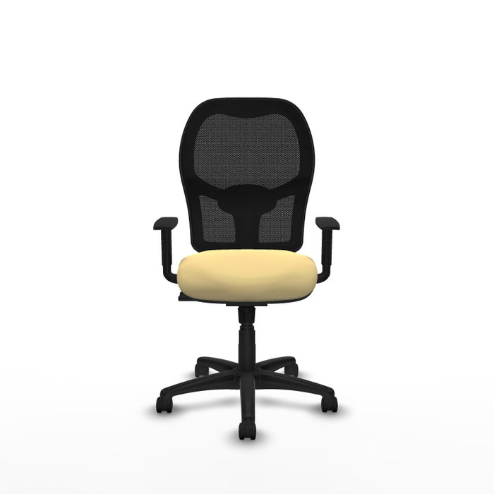 Silla de oficina Alocén con mecanismo Sincro tapizada con Similpiel color Crema y malla color Negro. Equipada con lumbar 1D, Brazos 1D y Ruedas de nailon 50 mm