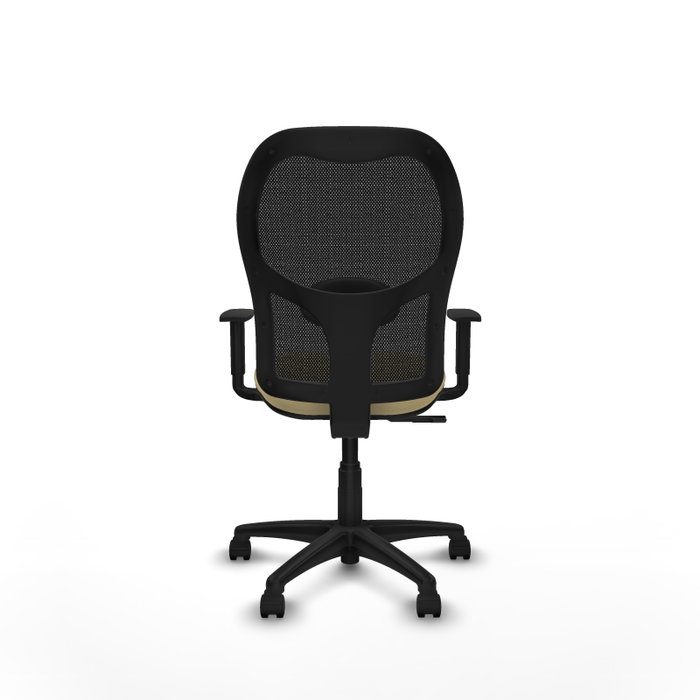 Silla de oficina Alocén con mecanismo Sincro tapizada con Similpiel color Crema y malla color Negro. Equipada con lumbar 1D, Brazos 1D y Ruedas de nailon 50 mm