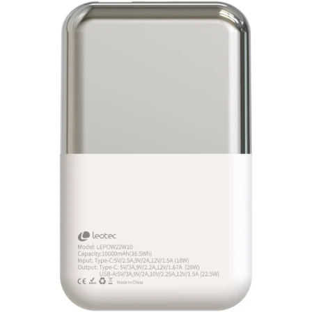 Leotec Powerbank 10000mAh 22.5W Carga Rápida Blanco y Plata Incluye Cable USB-C