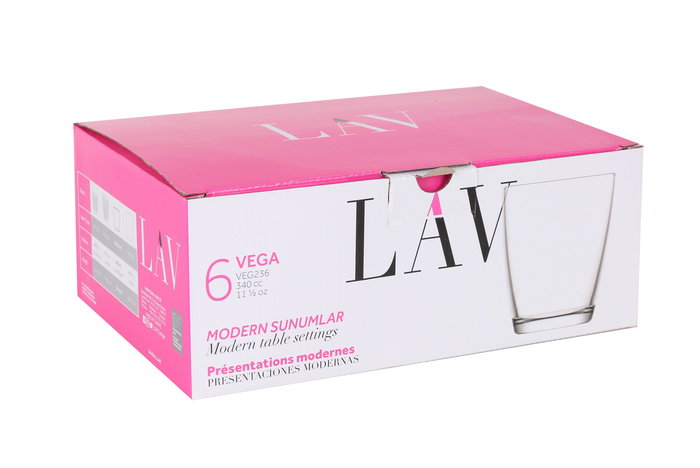 Lav Set de 6 Vasos Vega, 340 ml, Vidrio, 8.5x8.5x10 cm (8 Cajas)