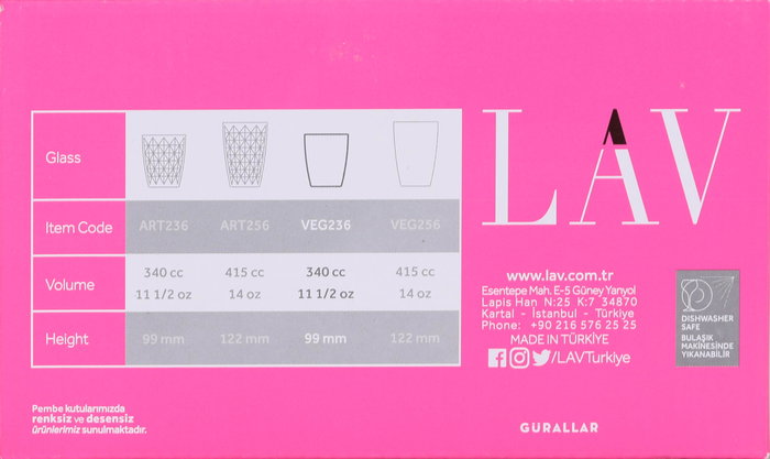 Lav Set de 6 Vasos Vega, 340 ml, Vidrio, 8.5x8.5x10 cm (8 Cajas)