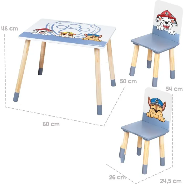 Roba ROB1696161562332 - Conjunto Mesa y 2 Sillas Infantiles Paw Patrol - Madera Maciza, Blanco Azul Cielo y Natural