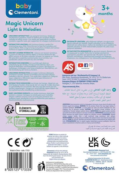 Clementoni Sonajero Unicornio Musical con Sonido 15x22x7cm