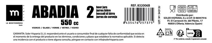 La Mediterranea Set 2 Jarras Cerveza 550 cc Abadia, Vidrio, 14 x 9.5 x 12 cm (12 Cajas)