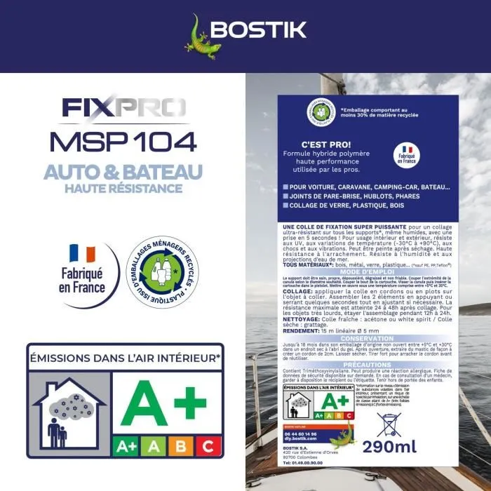 Bostik Fixpro MSP 104 Adhesivo y Sellador para Automoción/Náutica Blanco 290 ml Resistente a la Intemperie y al Agua de Mar