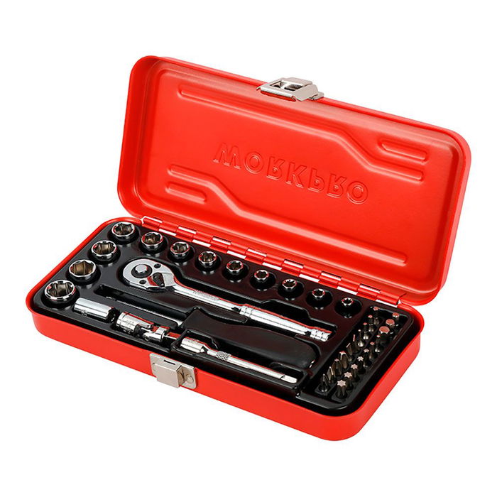 Workpro Llave de Carraca 1/4" Juego 37 Piezas con 1 Carraca 72 Dientes, Alargador, Barra Extensión 75 mm, Cardán, Mango Giratorio, 12 Vasos y 20 Puntas