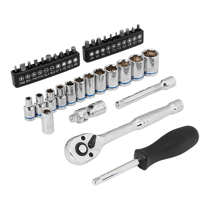 Workpro Llave de Carraca 1/4" Juego 37 Piezas con 1 Carraca 72 Dientes, Alargador, Barra Extensión 75 mm, Cardán, Mango Giratorio, 12 Vasos y 20 Puntas